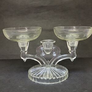 Vintage Jeannette Glass COSMOS Triple Candle Candlestick Clear Glass Candelabras